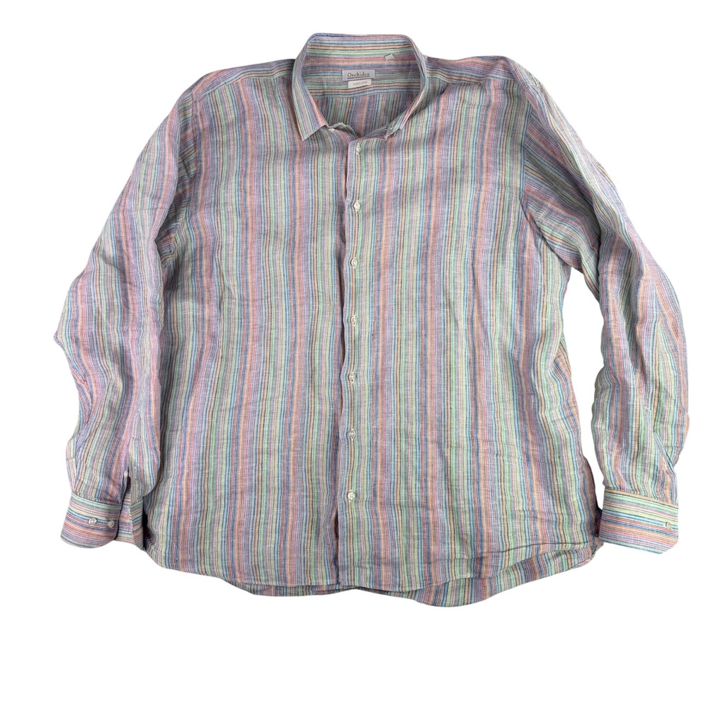 Orchidea Button Down Shirt Mens 4XL Multicolor Striped Italian Linen Puro Lino